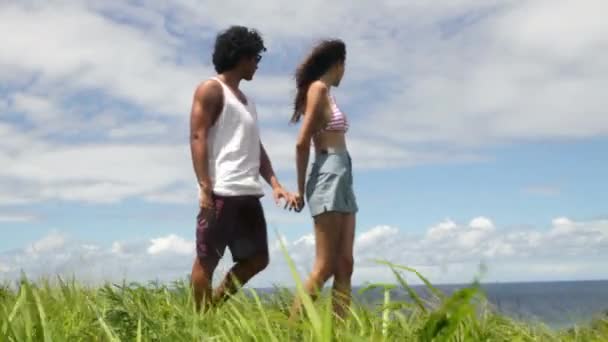 若いカップルが海岸近くの草の中を歩く — ストック動画
