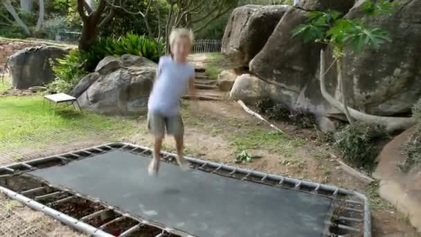 Мальчик Прыгает Батуте — стоковое видео