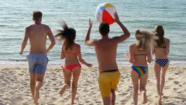 Vijf Vrienden Spelen Met Strandbal Zee — Stockvideo