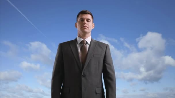 Portrait Businessman Crossed Arms Cloudy Sky — Stock Video