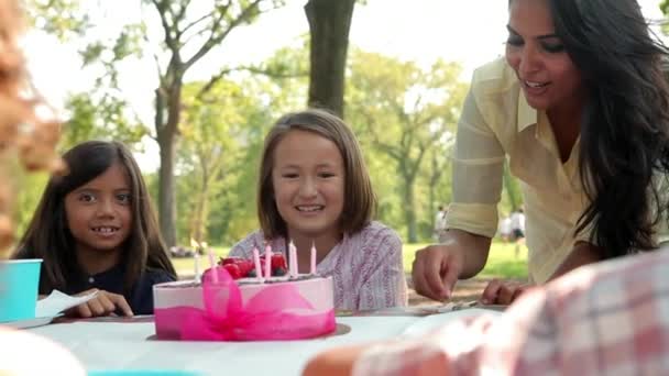 女の子で誕生日パーティー吹いてアウトキャンドルオンケーキ — ストック動画