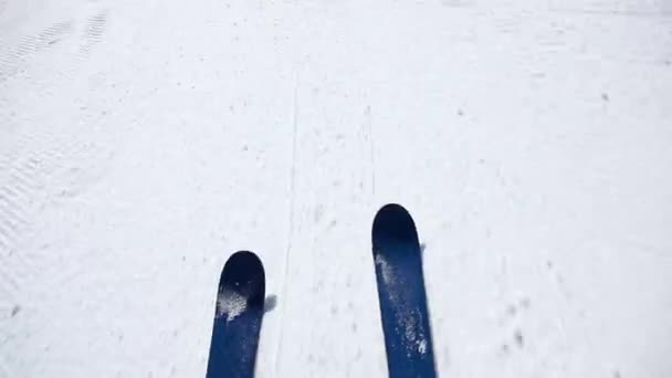 Point Vue Prise Vue Des Skis Sur Neige — Video