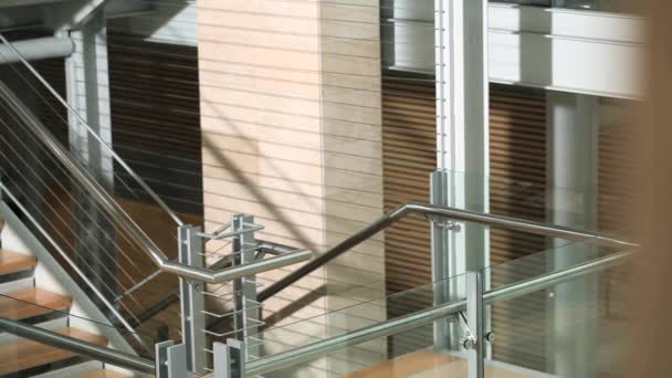 Businesswoman Walking Stairs Stopping Smiling Camera — Stock Video