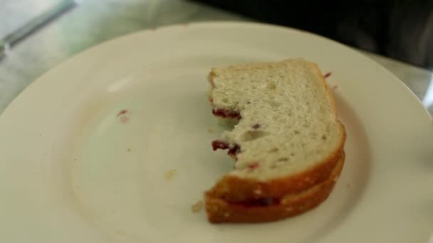Людина Розміщує Половину Їденого Бутерброда Тарілці — стокове відео