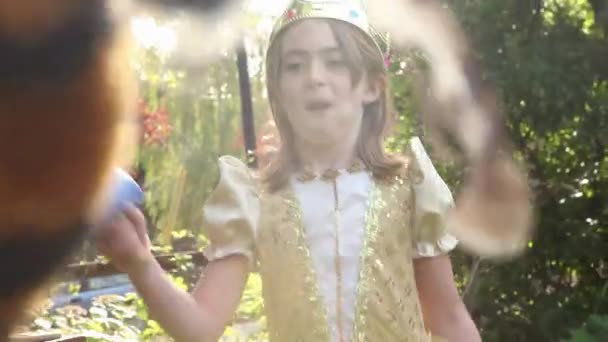 Oyuncak Kılıçlarla Oynayan Süslü Elbiseli Çocuklar — Stok video