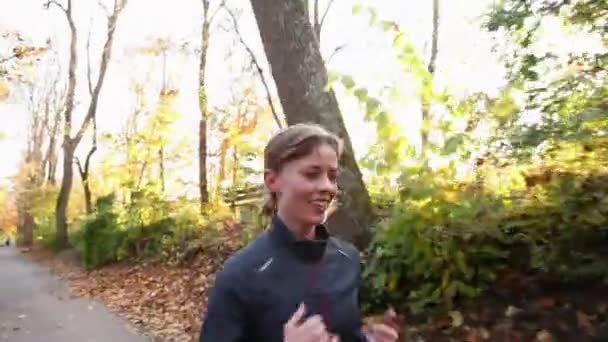 Jeune Femme Jogging Travers Forêt — Video