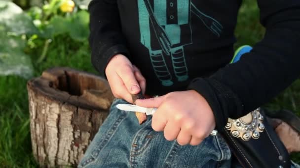 Boy Dressed Cowboy Sharpening Stick Penknife — Stock Video
