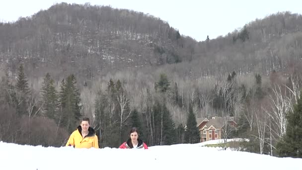 Zwei Junge Frauen Laufen Mit Skistöcken Durch Den Schnee — Stockvideo