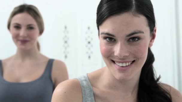 Portrait Two Young Women Bathroom Smiling Camera — Stock Video