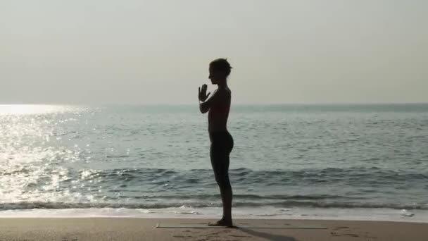 Silhueta Mulher Por Mar Pose Oração — Vídeo de Stock