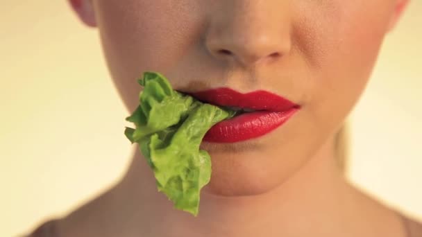 Close Woman Eating Lettuce — Stock Video