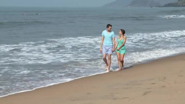 夫妇散步和谈论在海岸边 — 图库视频影像