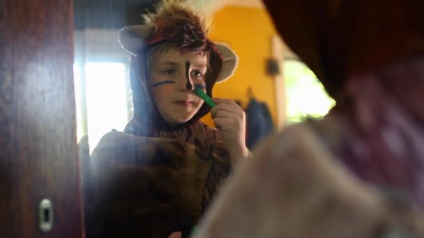 Boy Wearing Bear Costume Applying Pace Paint — Stock Video