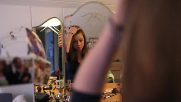 Teenage Girl Getting Ready Reflected Mirror — Stock Video