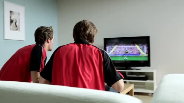 Twee Jonge Mannen Voetbalshirts Die Voetbal Kijken Televisie — Stockvideo