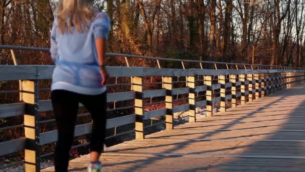 Vista Trasera Joven Mujer Corriendo Puente — Vídeo de stock