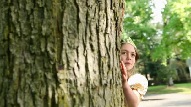 木の幹に触れる女王として着飾った女の子 — ストック動画