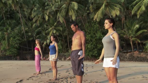 Mensen Die Yoga Beoefenen Een Strand — Stockvideo