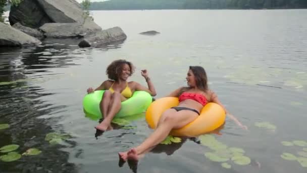 Молодые Женщины Плавающие Резиновых Кольцах Озере — стоковое видео