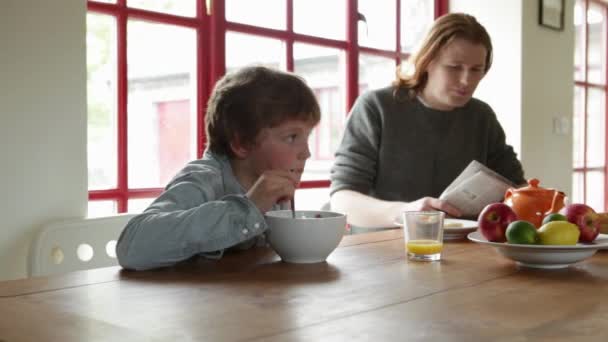 Young Family Two Children Breakfast Table — Stock Video