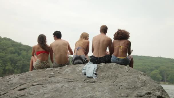 Vrienden Zittend Rots Bij Het Meer Met Opgeheven Armen — Stockvideo