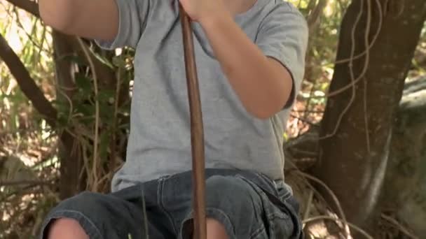 Young Boy Aiming Bow Arrow Park — Stock Video