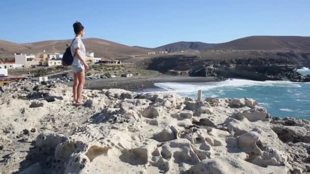 Vrouw Aan Het Strand Zoek Zee — Stockvideo