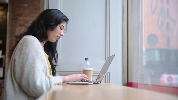 Mujer Trabajando Ordenador Portátil Café — Vídeos de Stock