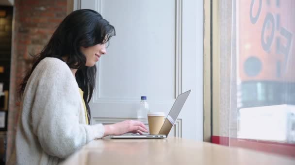 Mujer Trabajando Ordenador Portátil Café — Vídeos de Stock