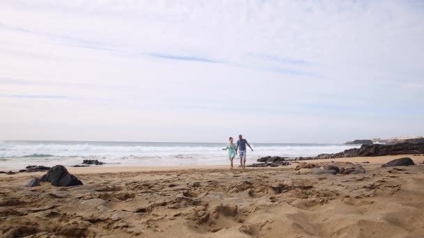 Jeune Couple Marchant Sur Une Plage Sable Fin — Video