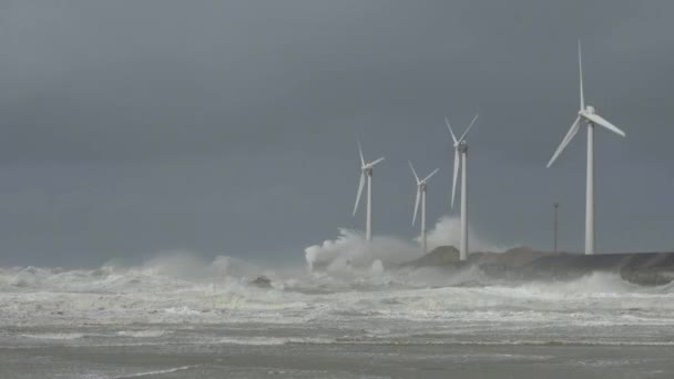 Vindkraftverk Kusten Vid Stormigt Väder — Stockvideo