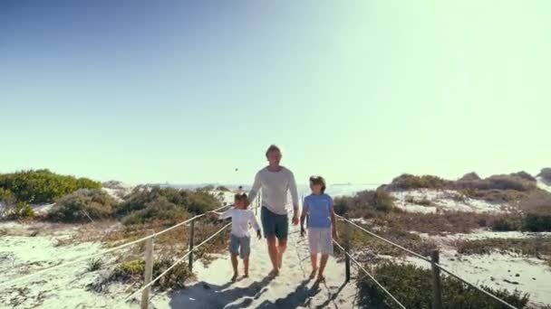 Μπροστινή Θέα Του Πατέρα Τους Γιους Που Περπατούν Στην Παραλία — Αρχείο Βίντεο