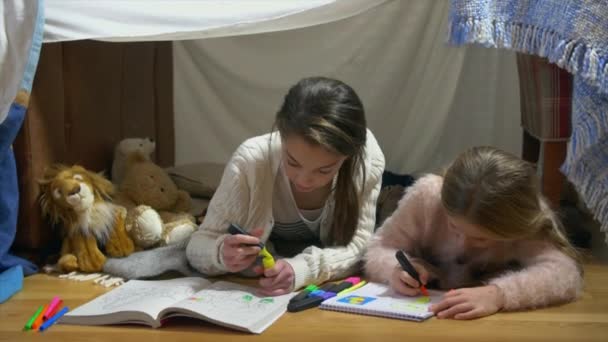 Duas Irmãs Desenhando Sob Cobertores Forte — Vídeo de Stock