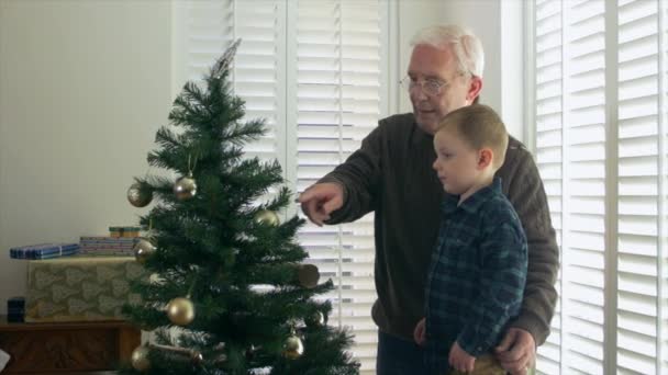 Großvater mit Enkel schmückt Weihnachtsbaum