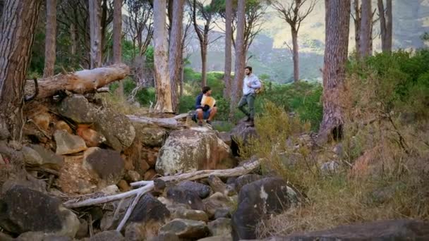 Dos Hombres Con Mapa Sobre Rocas Bosque — Vídeos de Stock