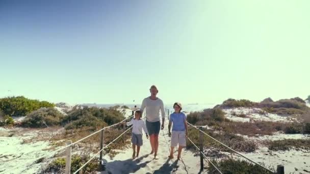 Vista Frontale Del Padre Con Figli Che Camminano Sulla Spiaggia — Video Stock