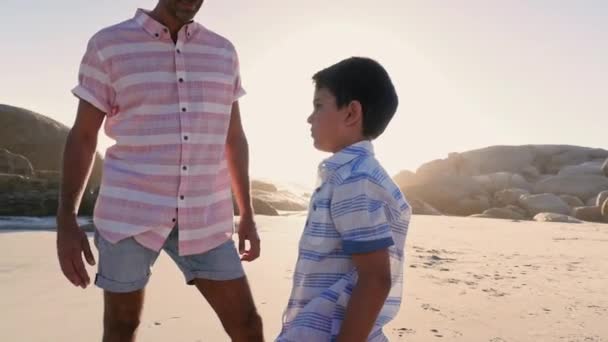 父亲和儿子在沙滩上高五 — 图库视频影像