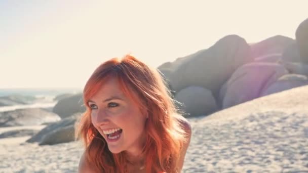 Woman Eating Ice Cream Beach — Stock Video