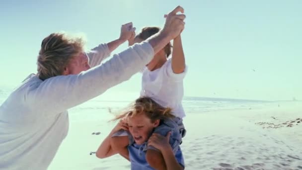 Pai Com Filhos Divertindo Praia — Vídeo de Stock