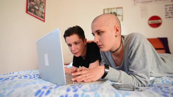 Women Using Laptop Smartphone Bed — 비디오