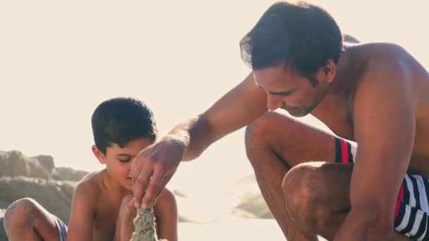 Батько Син Роблять Пісочний Замок Пляжі — стокове відео