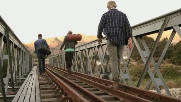 Вид Ззаду Чоловіків Ходять Залізничній Колії — стокове відео