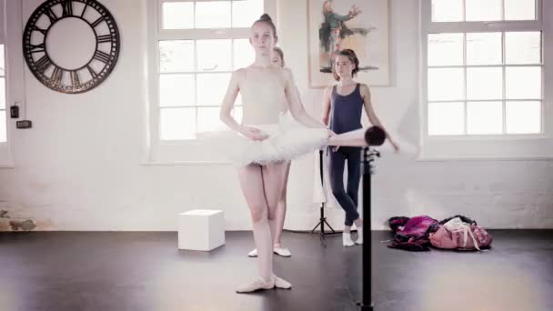 Balletttänzer Üben Barre Ballettstudio — Stockvideo