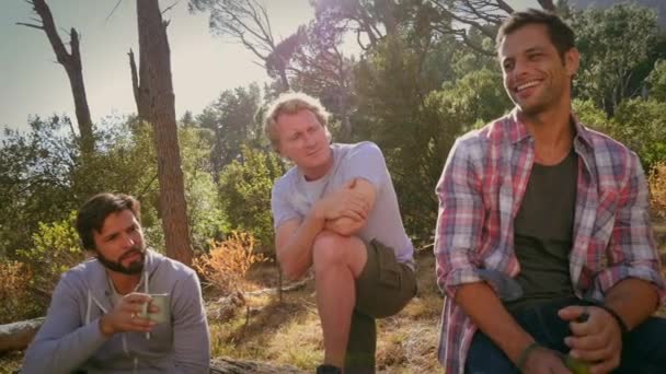 森の中でキャンプ中に話す3人の男 — ストック動画