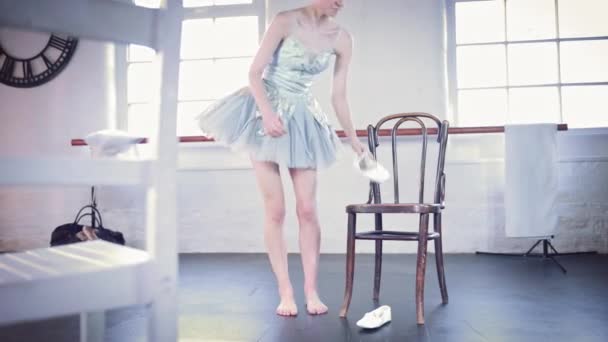 Girl Putting Ballet Shoes — Stock Video