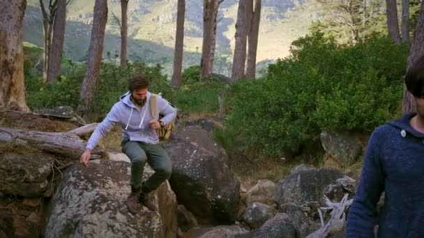 Twee Mannen Met Rugzak Wandelen Het Bos — Stockvideo