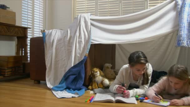 两姐妹在毯子下画画堡垒 — 图库视频影像