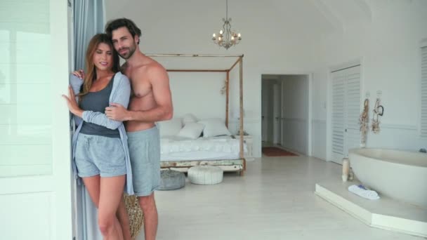 Young Couple Walking Bedroom — Stock Video
