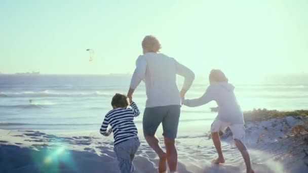 Visão Traseira Pai Com Filhos Correndo Praia — Vídeo de Stock