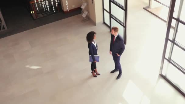 Ofis Lobisinde Konuşan Kadın Erkek — Stok video